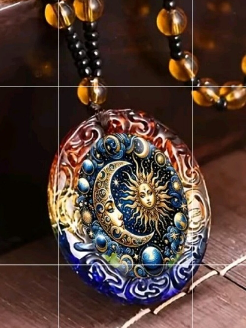 SUN/MOON DISC PENDANT WITH 24-IN CITRINE / ONYX BEAD NECKLACE
